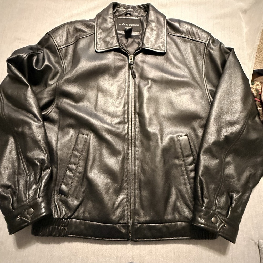 Vintage Croft & Barrow Black Genuine Leather Bomber Jacket Men's Medium 90s Y2K